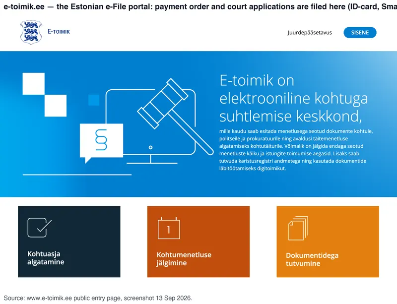 e-toimik.ee: entry page of the Estonian e-File portal; payment order and court applications are filed here (ID-card, Smart-ID, Mobile-ID login) — 13 Sep 2026