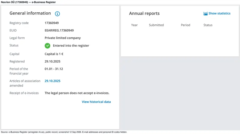Nexrion OÜ register entry: capital € 1, founded 29 Oct 2025, no report due yet — 12 Sep 2026
